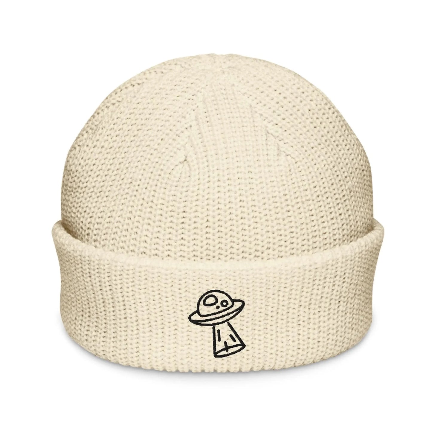 UFO alien fun playful embroidered black graphic on an ecru white beanie, whimsical, Rebel Girl Rampage