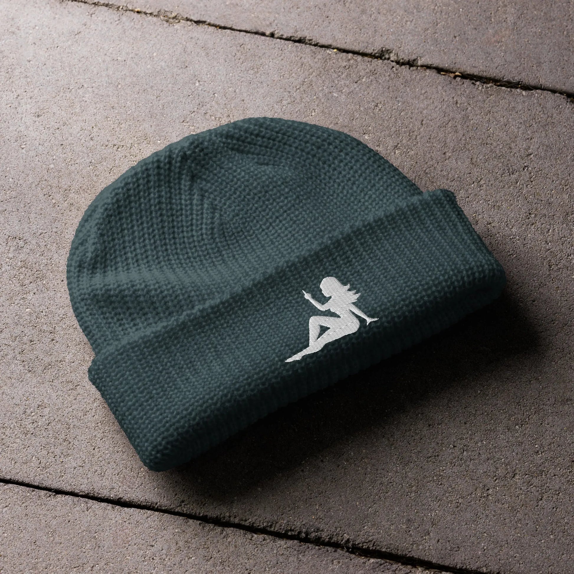 Mud Flap Chick Middle Finger Embroidered Knit Fisherman Beanie. Girl Power Winter hats by Rebel Girl Rampage
