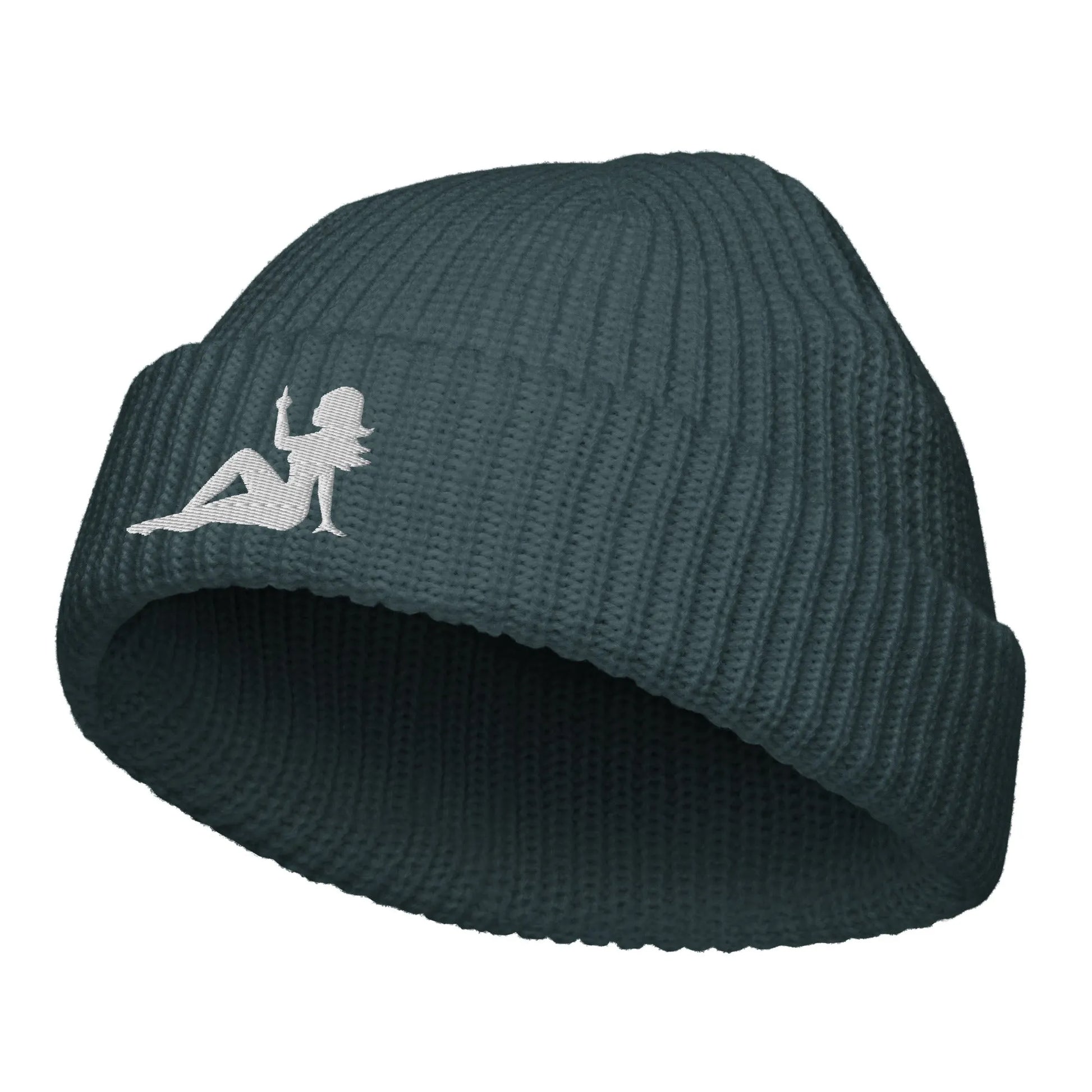 Mud Flap Chick Middle Finger Embroidered Knit Fisherman Beanie. Girl Power Winter hats by Rebel Girl Rampage
