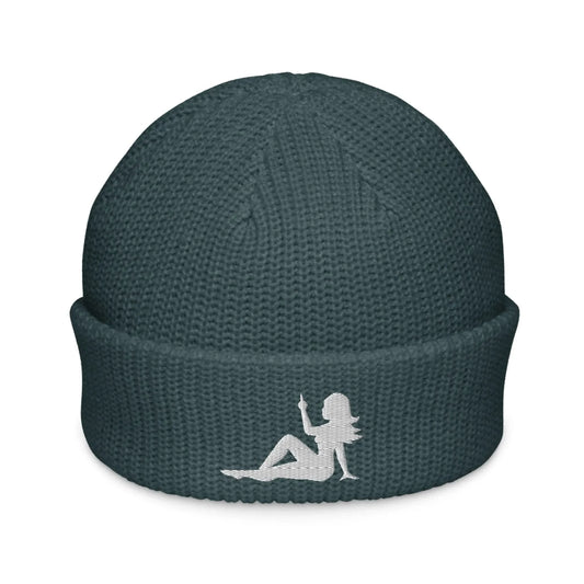 Mud Flap Chick Middle Finger Embroidered Knit Fisherman Beanie. Girl Power Winter hats by Rebel Girl Rampage