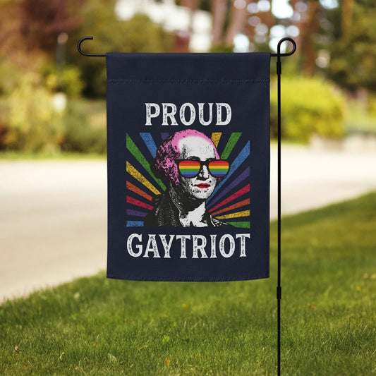 Funny Rainbow Proud Gaytriot garden flag featuring George Washington wearing pride sunglasses, Rebel Girl Rampage