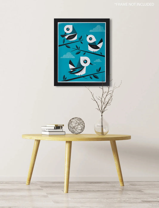 Three Stylized Blue Birds hand screen printed on heavy weight paper, room decor by nerdmonger, Rebel Girl Rampage