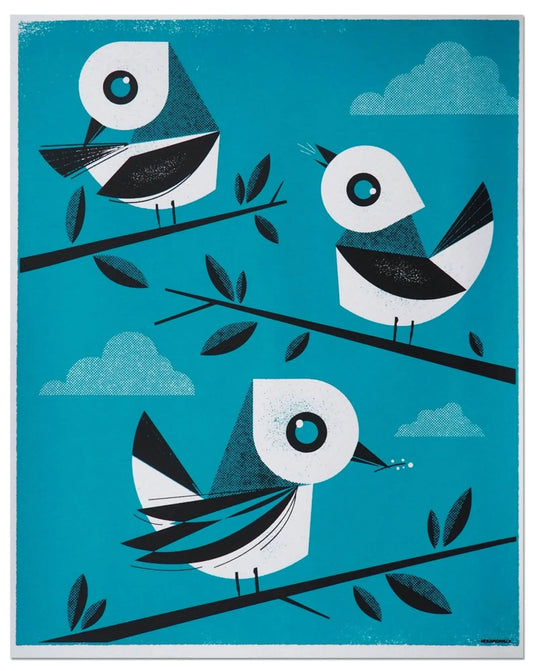 Three Stylized Blue Birds hand screen printed on heavy weight paper, room decor by nerdmonger, Rebel Girl Rampage