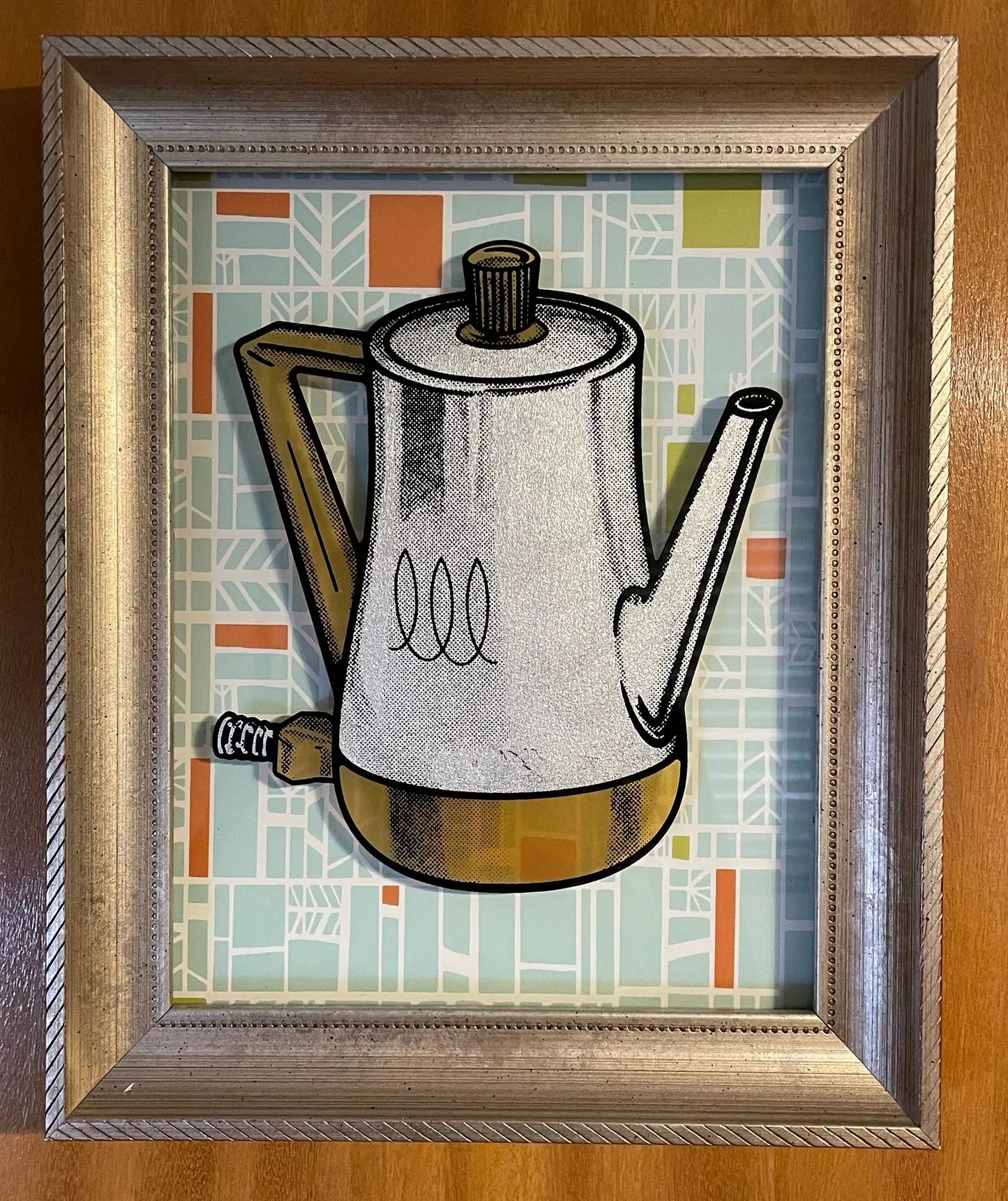 Vintage Coffee Percolator pop art reverse glass silkscreen mid century retro original up cycled shadow box frame coffee pot art on french paper by nerdmonger at rebel girl rampage