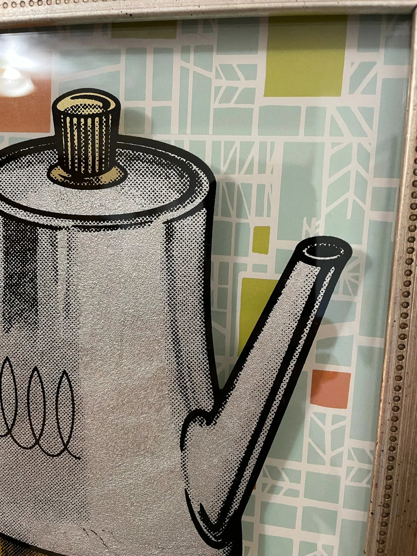 Vintage Coffee Percolator pop art reverse glass silkscreen mid century retro original up cycled shadow box frame coffee pot art on french paper by nerdmonger at rebel girl rampage