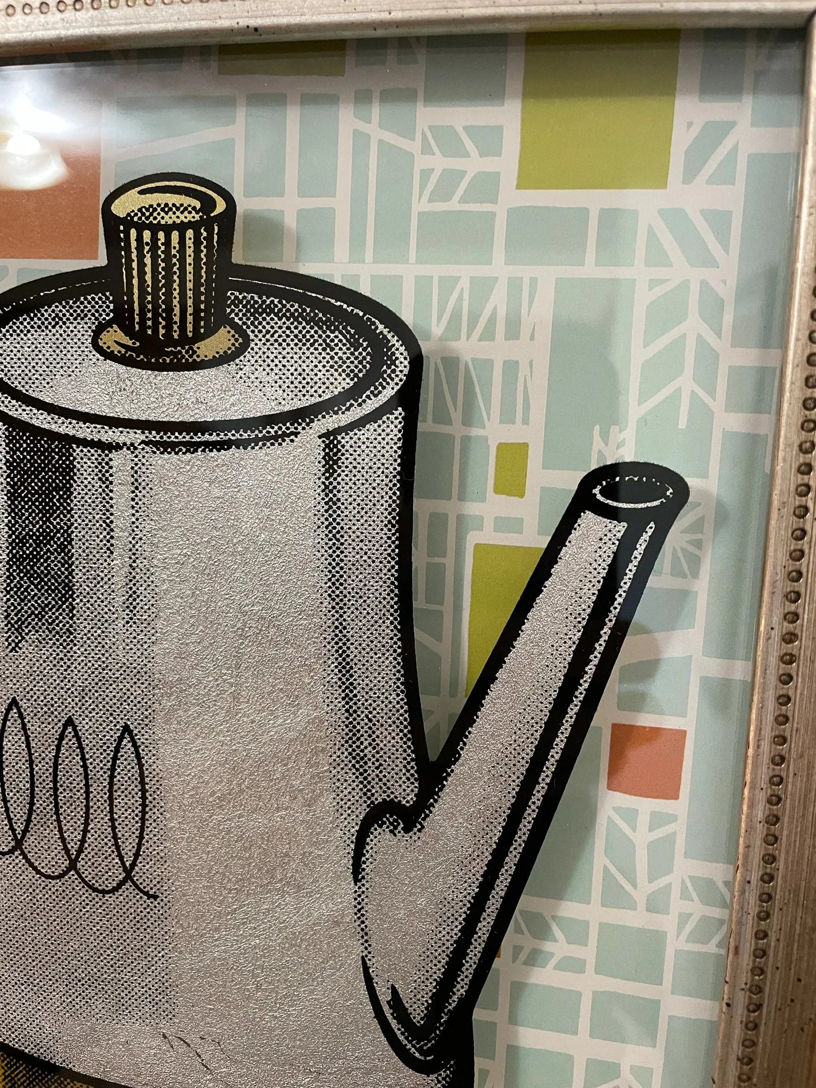 Vintage Coffee Percolator pop art reverse glass silkscreen mid century retro original up cycled shadow box frame coffee pot art on french paper by nerdmonger at rebel girl rampage