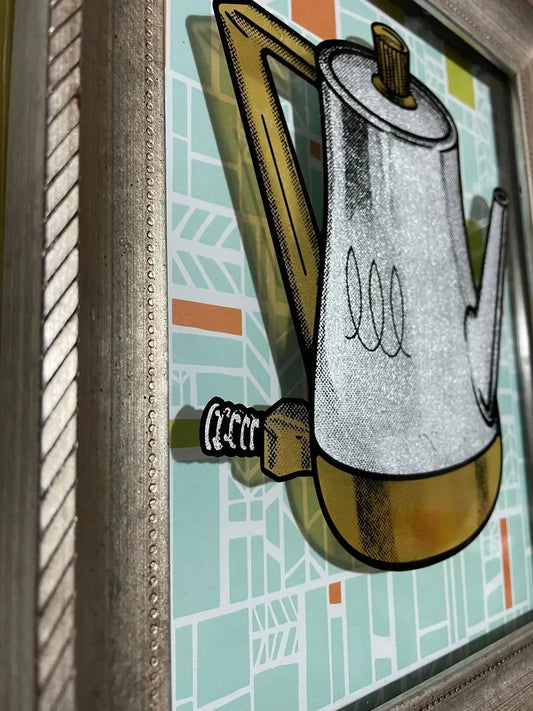 Vintage Coffee Percolator pop art reverse glass silkscreen mid century retro original up cycled shadow box frame coffee pot art on french paper by nerdmonger at rebel girl rampage