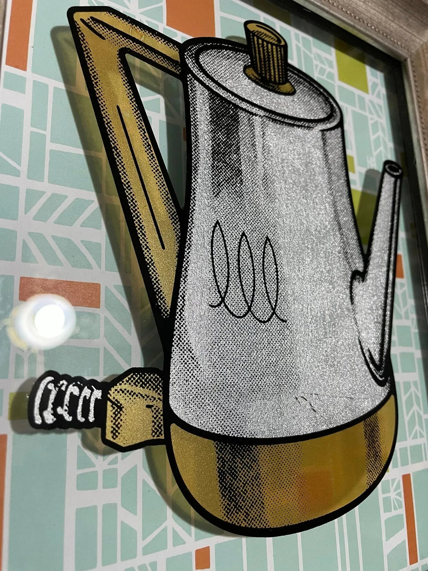 Vintage Coffee Percolator pop art reverse glass silkscreen mid century retro original up cycled shadow box frame coffee pot art on french paper by nerdmonger at rebel girl rampage
