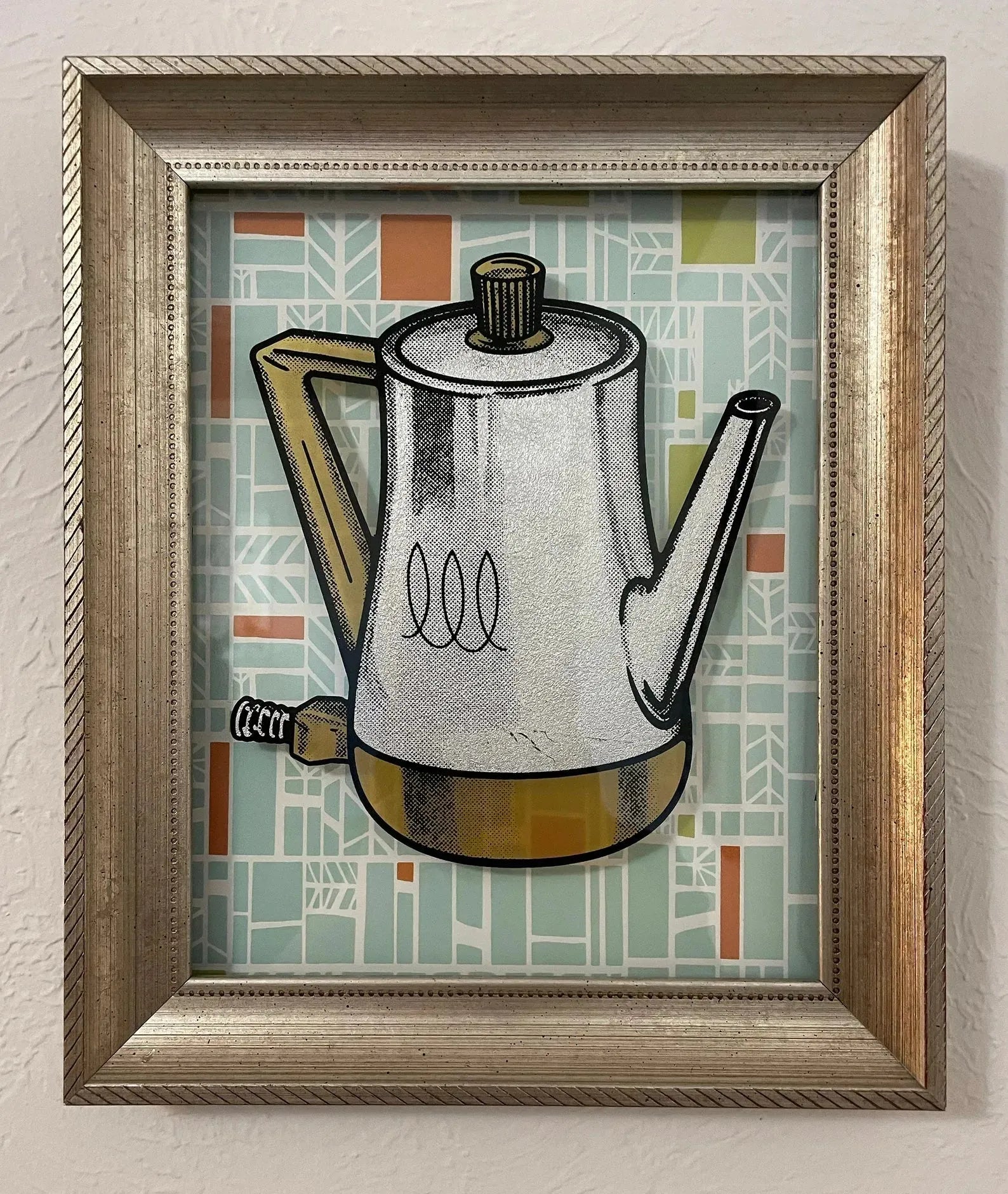 Vintage Coffee Percolator pop art reverse glass silkscreen mid century retro original up cycled shadow box frame coffee pot art on french paper by nerdmonger at rebel girl rampage