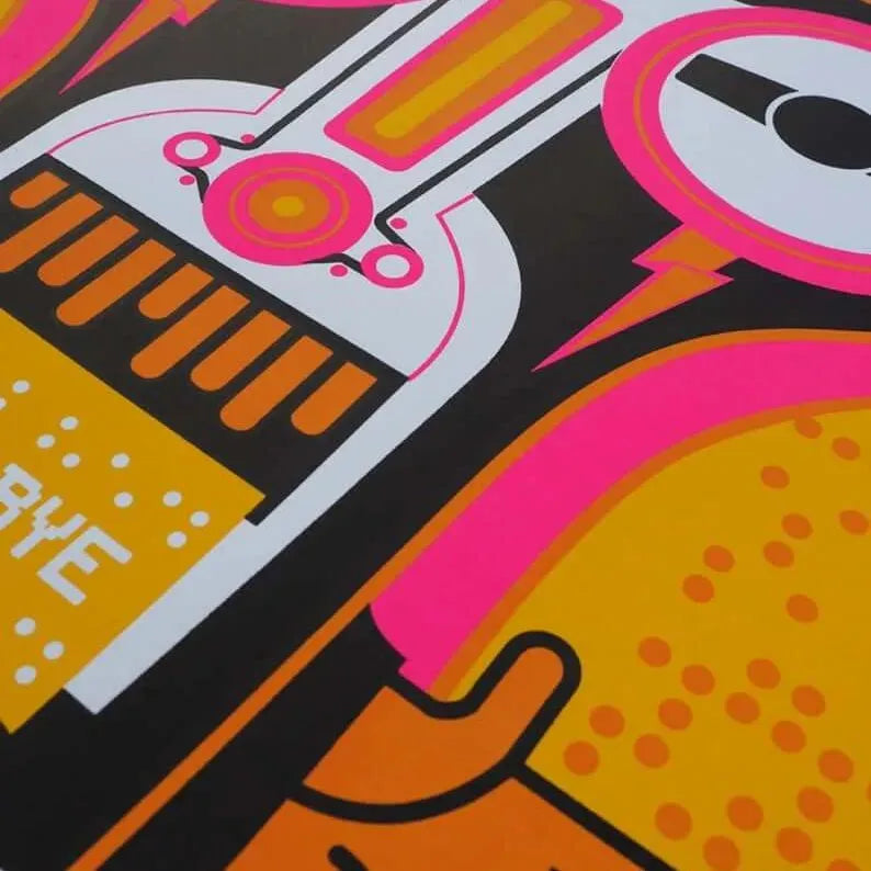 Obsolete Technology Cassette Tape Poster in bright colors hand silk Screened by artist Nerdmonger at Rebel Girl Rampage