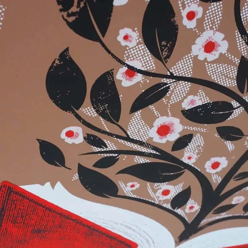 Book in Bloom hand silkscreened art poster small batch by nerdmonger reading power, save the library, Rebel Girl Rampage