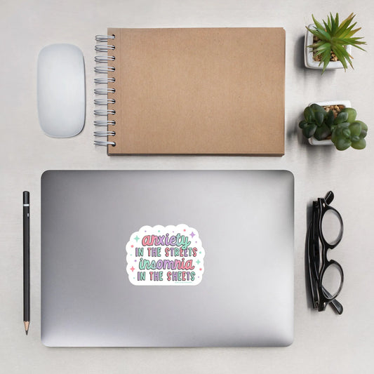 Anxiety In The Streets Insomnia In The Sheets  Die Cut Vinyl Sticker, Humor, Rebel Girl Rampage