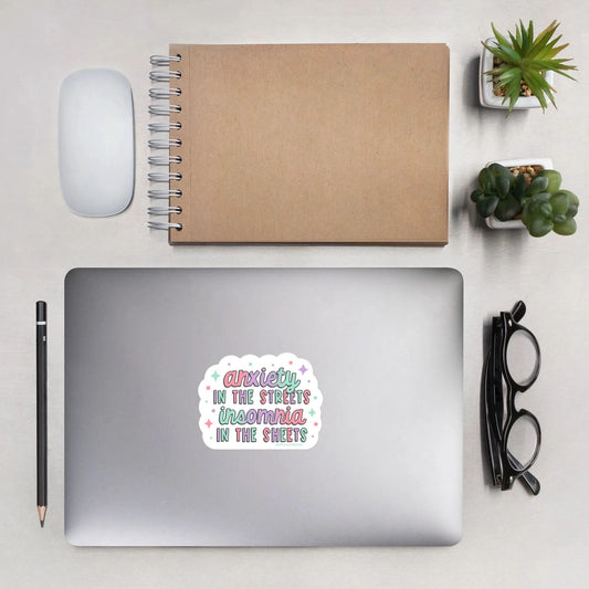 Anxiety In The Streets Insomnia In The Sheets Die Cut Vinyl Sticker, Humor, Rebel Girl Rampage