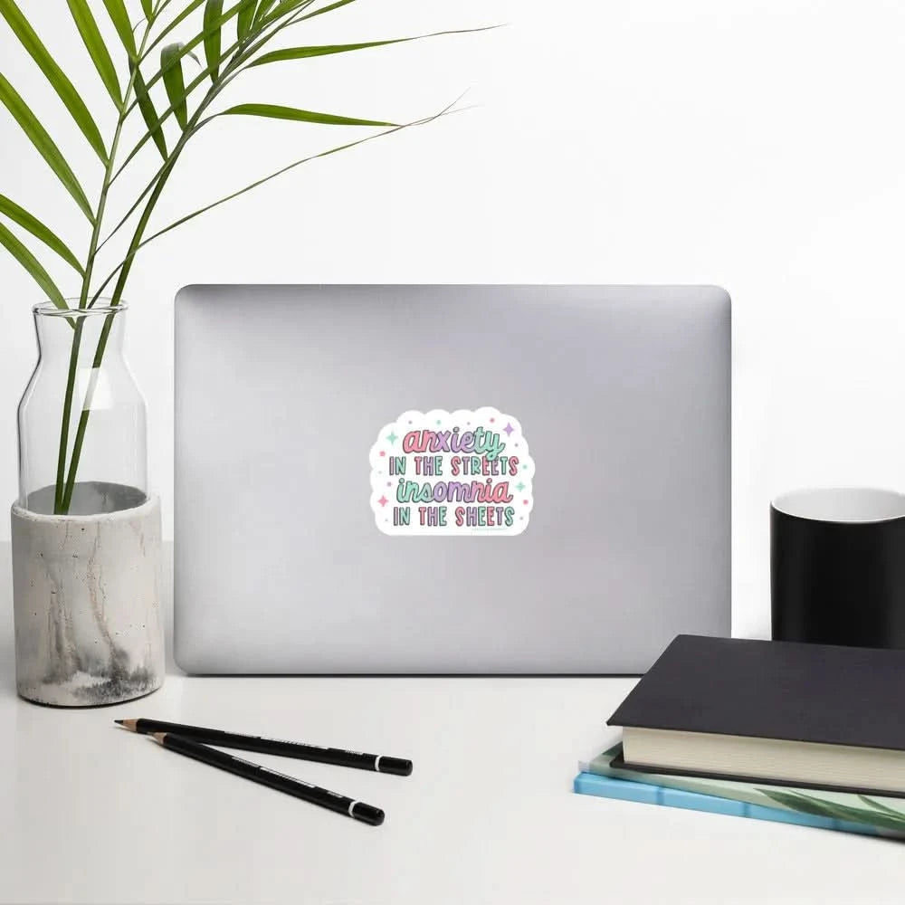 Anxiety In The Streets Insomnia In The Sheets Die Cut Vinyl Sticker, Humor, Rebel Girl Rampage