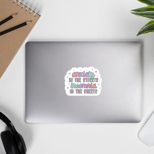 Anxiety In The Streets Insomnia In The Sheets  Die Cut Vinyl Sticker, Humor, Rebel Girl Rampage