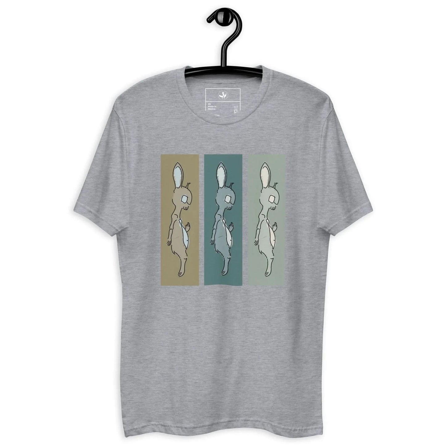 Death Bunny tri-color indie graphic on a grey t shirt, Rebel Girl Rampage