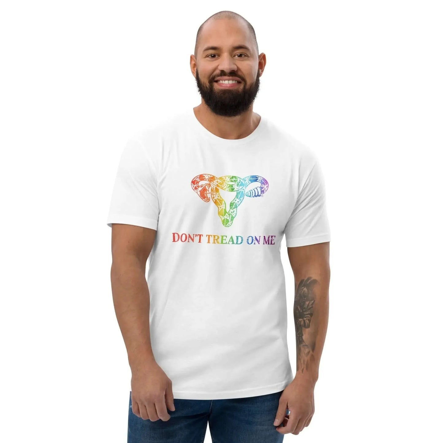 Don’t Tread On Me Rainbow Uterus Men's T-Shirt, LGBTQ Pride, Anne Lesniak, Rebel Girl Rampage