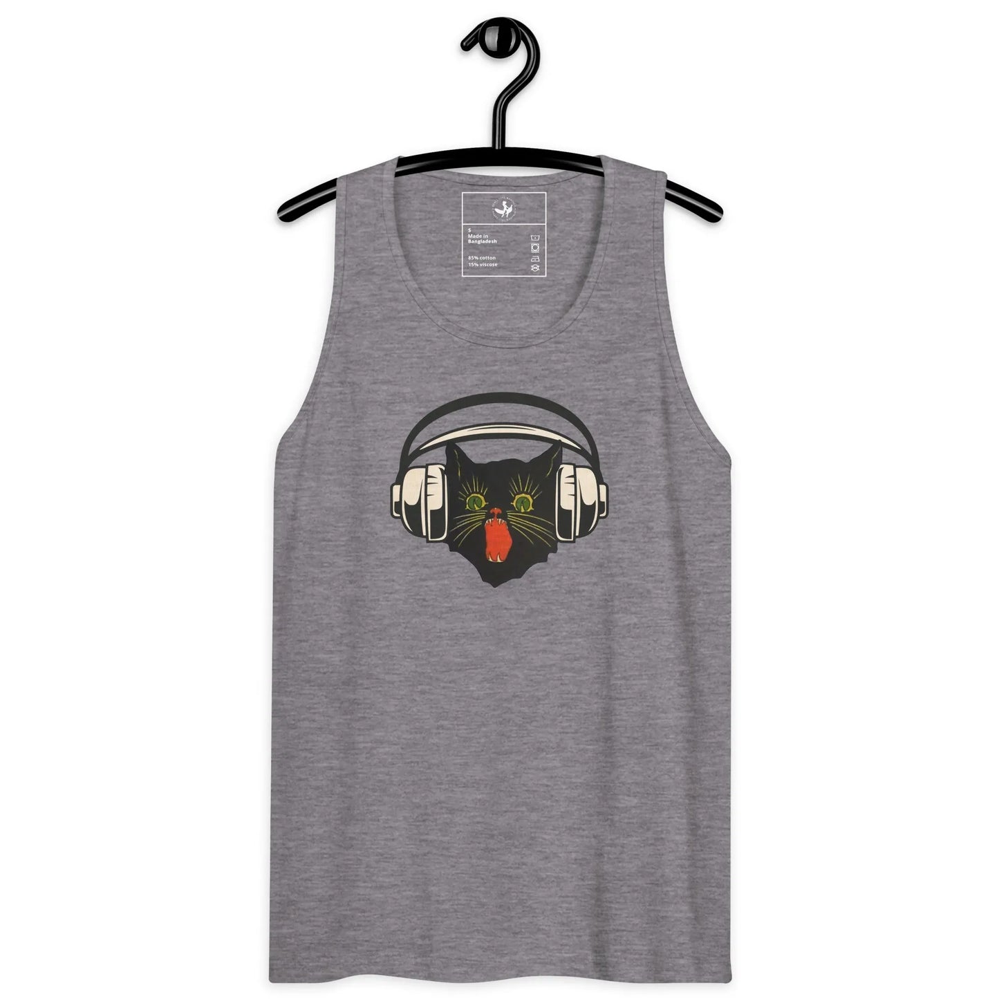 Retro black cat listening to music with headphones on a grey tank top, spooky season, vintage style, Rebel Girl Rampage