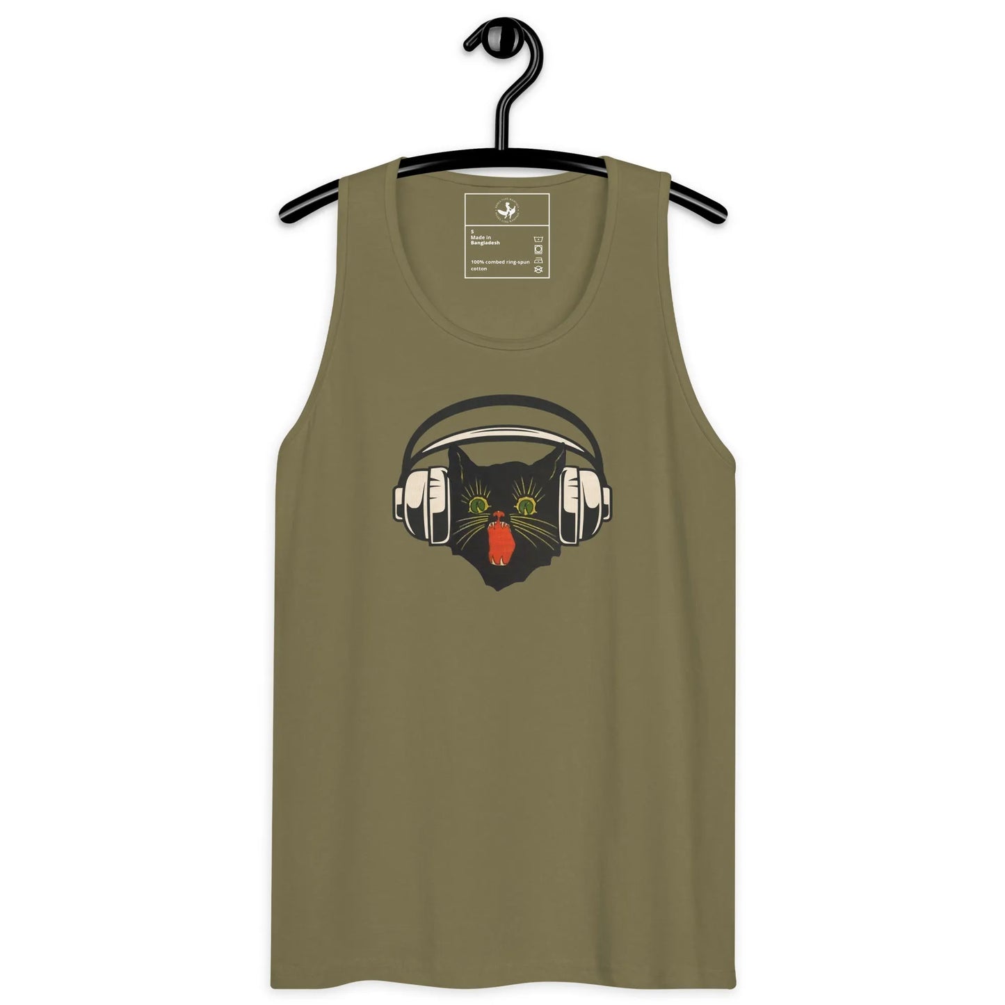 Retro black cat listening to music with headphones on a green tank top, spooky season, vintage style, Rebel Girl Rampage