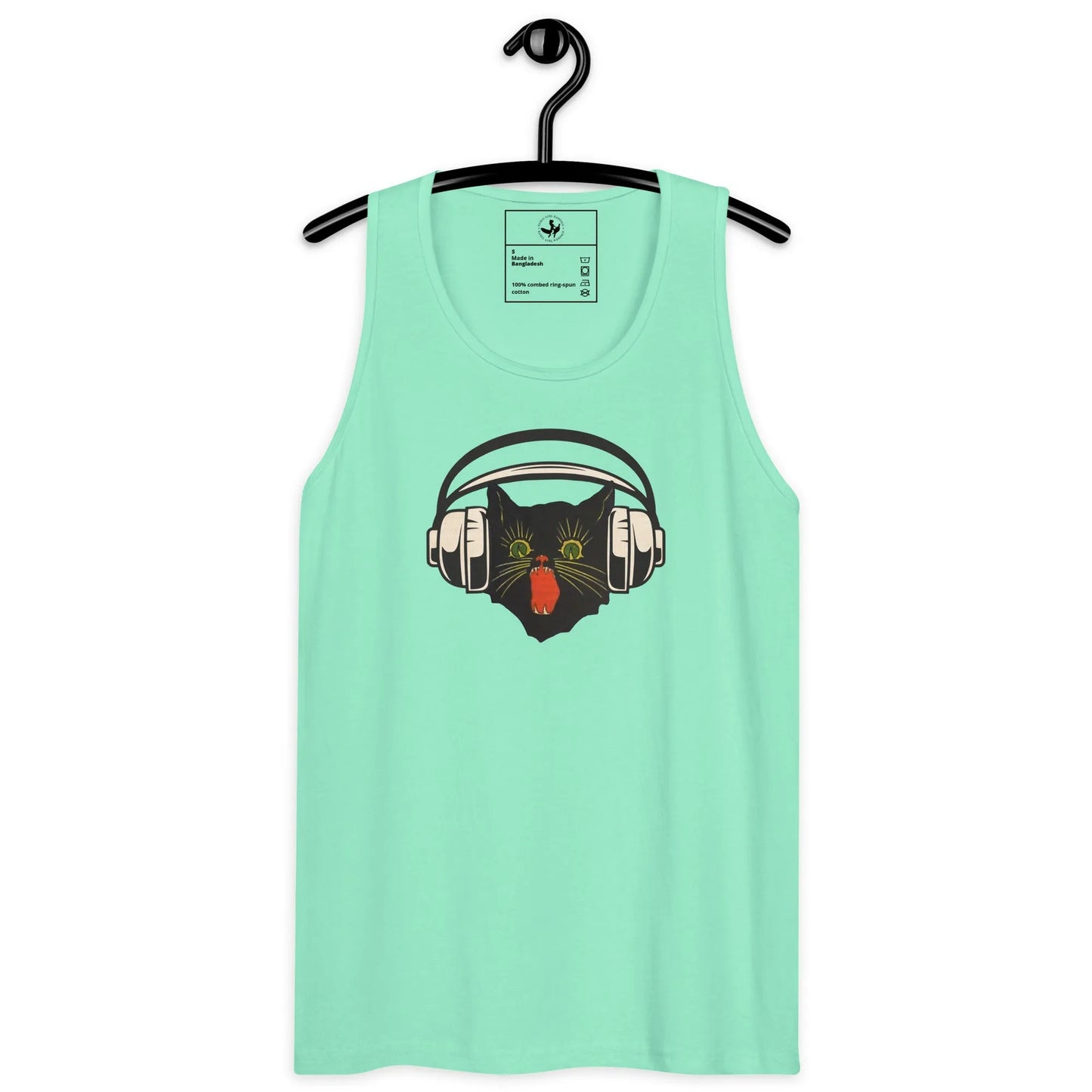 Retro black cat listening to music with headphones on a baby teal tank top, spooky season, vintage style, Rebel Girl Rampage