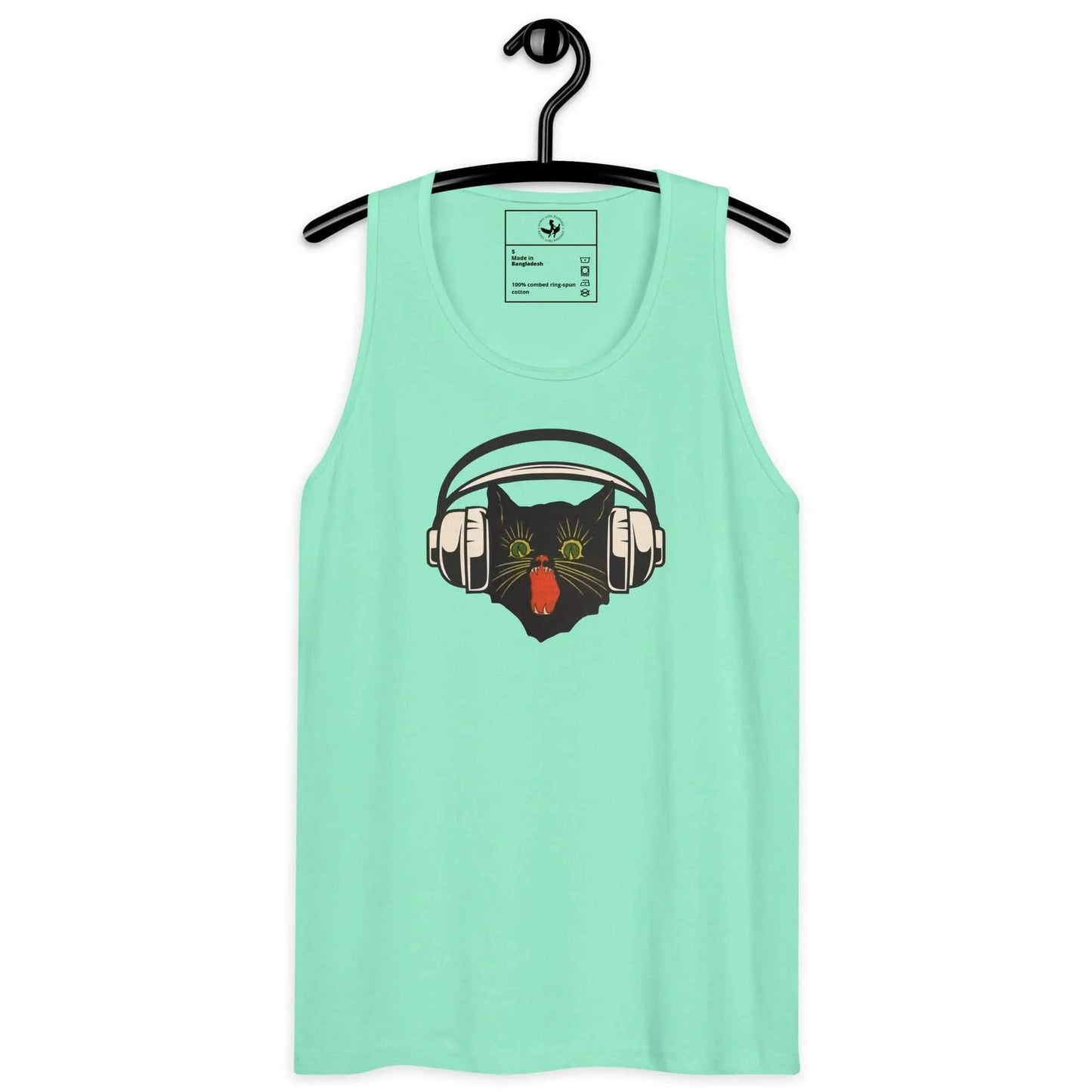 Retro black cat listening to music with headphones on a baby teal tank top, spooky season, vintage style, Rebel Girl Rampage