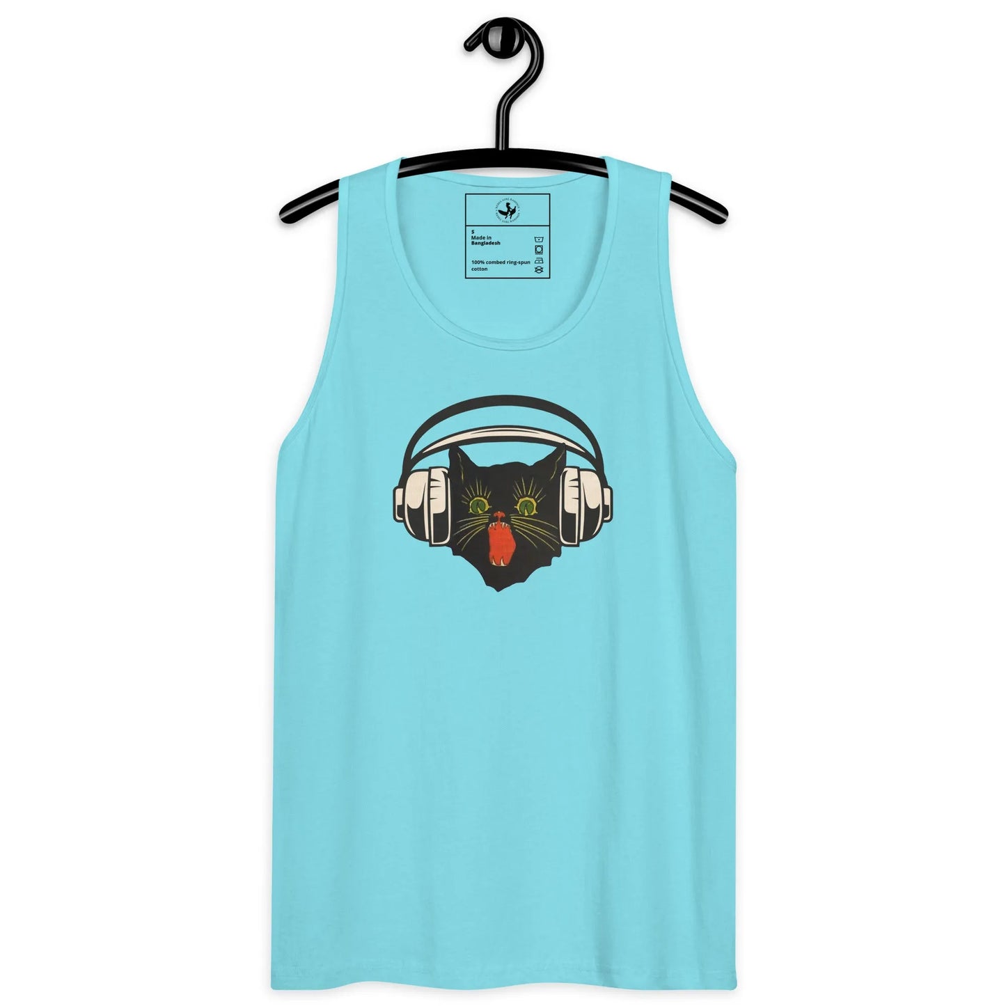 Retro black cat listening to music with headphones on a light blue tank top, spooky season, vintage style, Rebel Girl Rampage