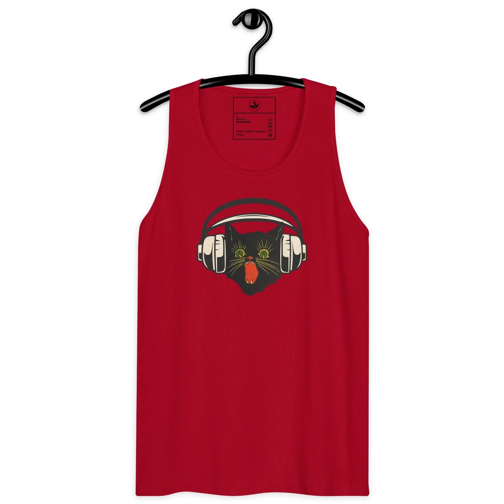 Retro black cat listening to music with headphones on a red tank top, spooky season, vintage style, Rebel Girl Rampage