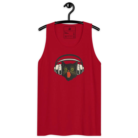 Retro black cat listening to music with headphones on a red tank top, spooky season, vintage style, Rebel Girl Rampage