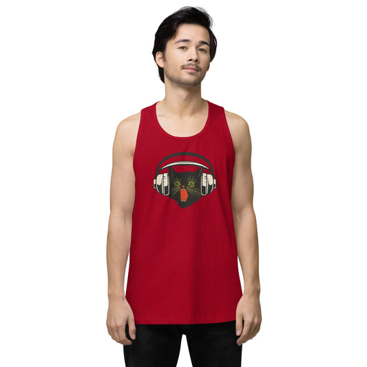 Retro black cat listening to music with headphones on a red tank top, spooky season, vintage style, Rebel Girl Rampage