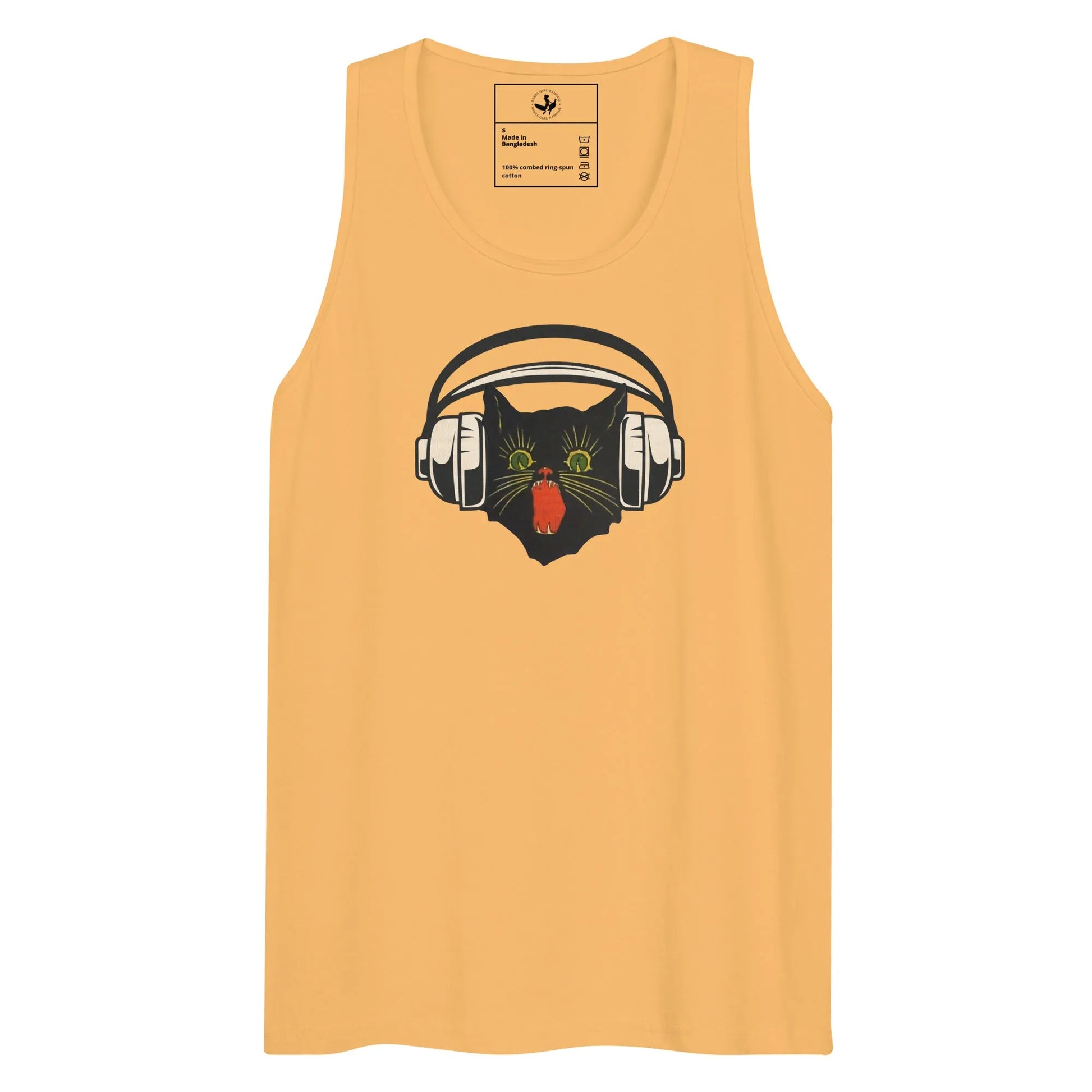 Retro black cat listening to music with headphones on a golden yellow tank top, spooky season, vintage style, Rebel Girl Rampage
