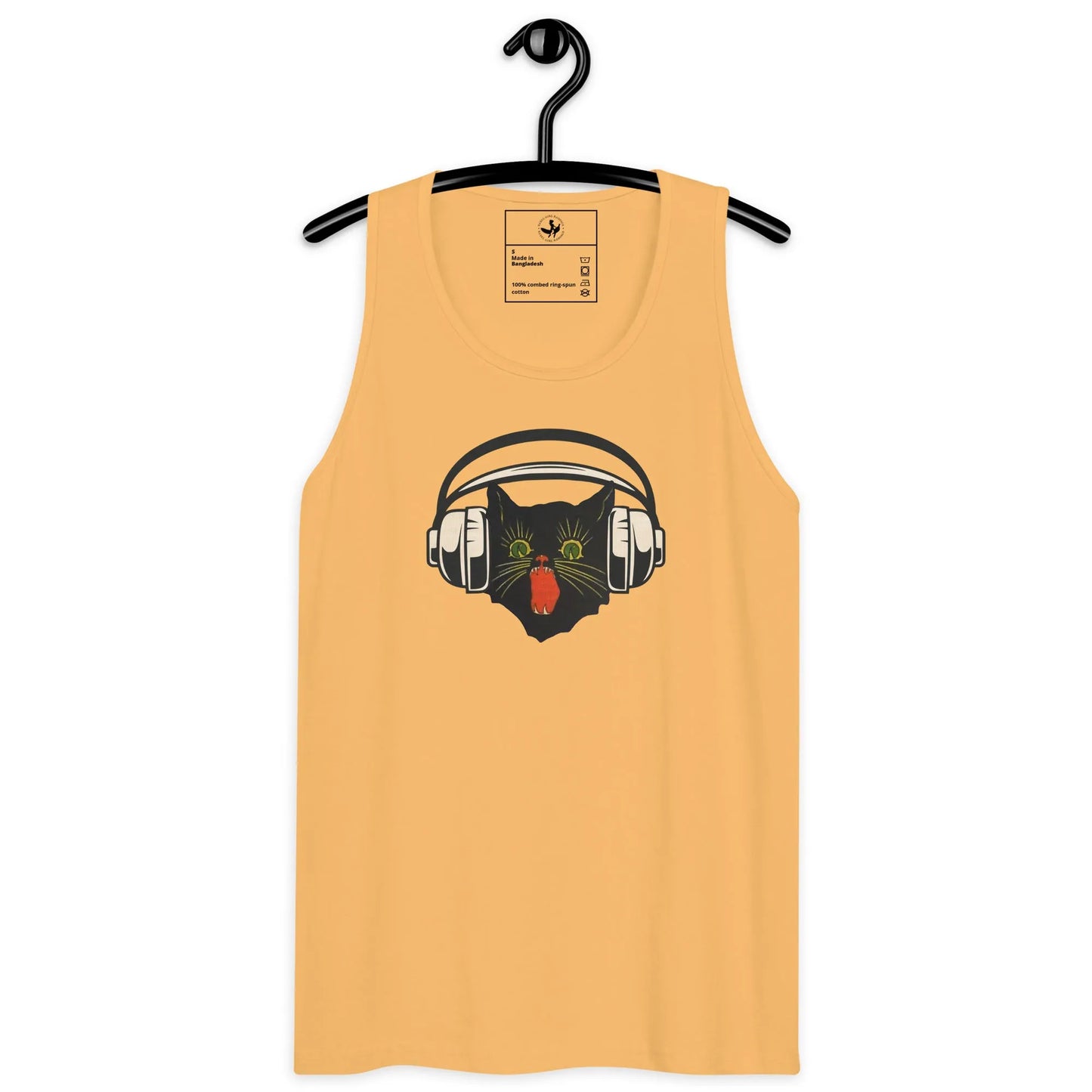 Retro black cat listening to music with headphones on a golden yellow tank top, spooky season, vintage style, Rebel Girl Rampage