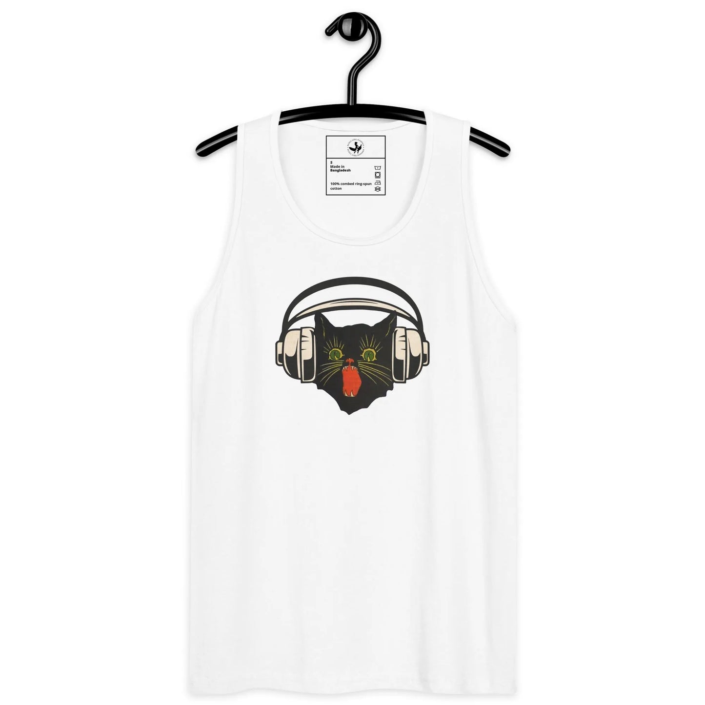 Retro black cat listening to music with headphones on a white tank top, spooky season, vintage style, Rebel Girl Rampage
