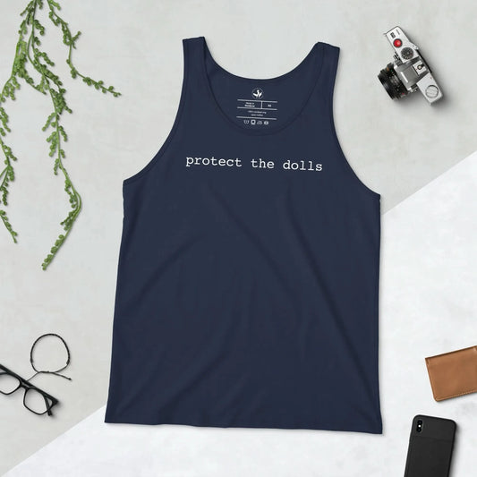 Navy tank top with 'protect the dolls' text on a light gray background, men’s tank top, Fundraising shirt for trans lifeline, Rebel Girl Rampage