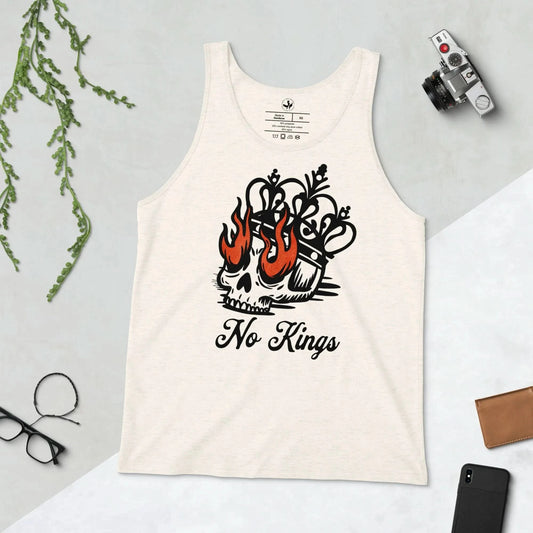 No Kings skull, crown and flame eyes graphic on a cream color men's tank top, stand with democracy, Rebel Girl Rampage