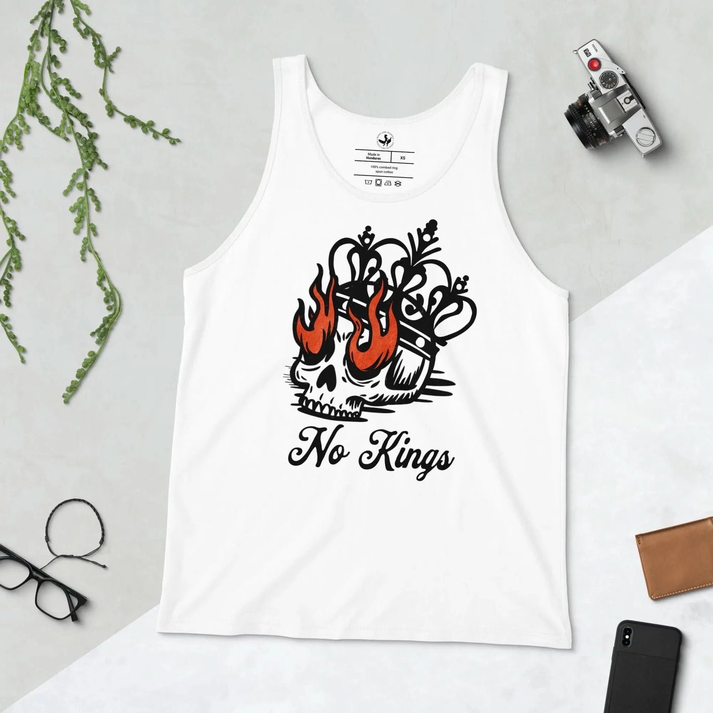 No Kings skull, crown and flame eyes graphic on a white men's tank top, stand with democracy, Rebel Girl Rampage