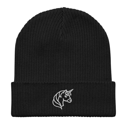 Embroidered unicorn art on an organic beanie, whimsical, magical, fun,  Rebel Girl Rampage