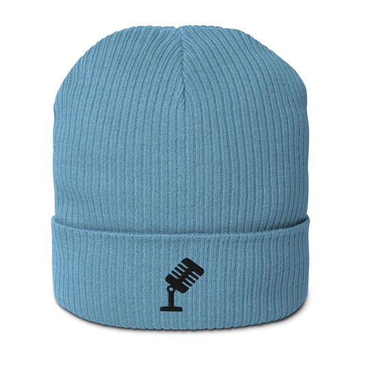 Retro Vintage Embroidered Microphone Organic Ribbed Beanie eco friendly sustainable winter hat by Rebel Girl Rampage