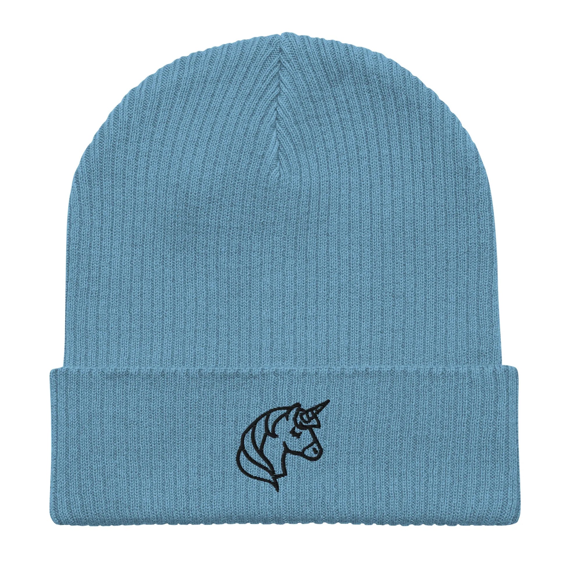 Embroidered unicorn art on an organic beanie, whimsical, magical, fun,  Rebel Girl Rampage