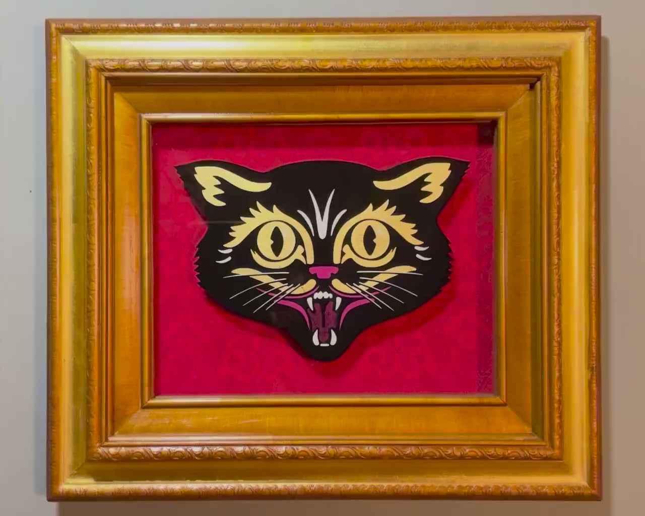 Black Cat Silk Screen Shadow Box Original Art, Nerdmonger, Pop Art, Haloween, Rebel Girl Rampage