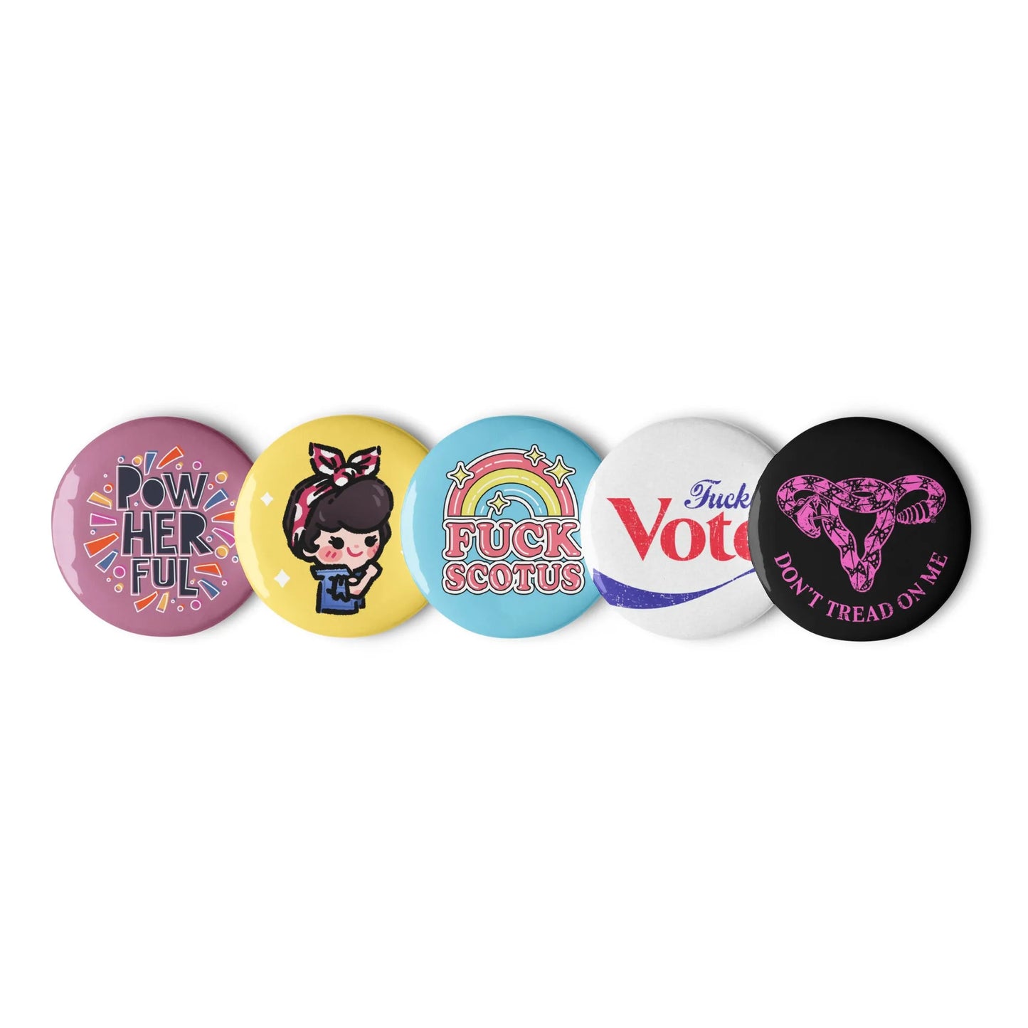 Feisty Feminist Pin back Button Set, Rebel Girl Rampage, Rosie the riveter, Girl Power, My Body My Choice, Vote