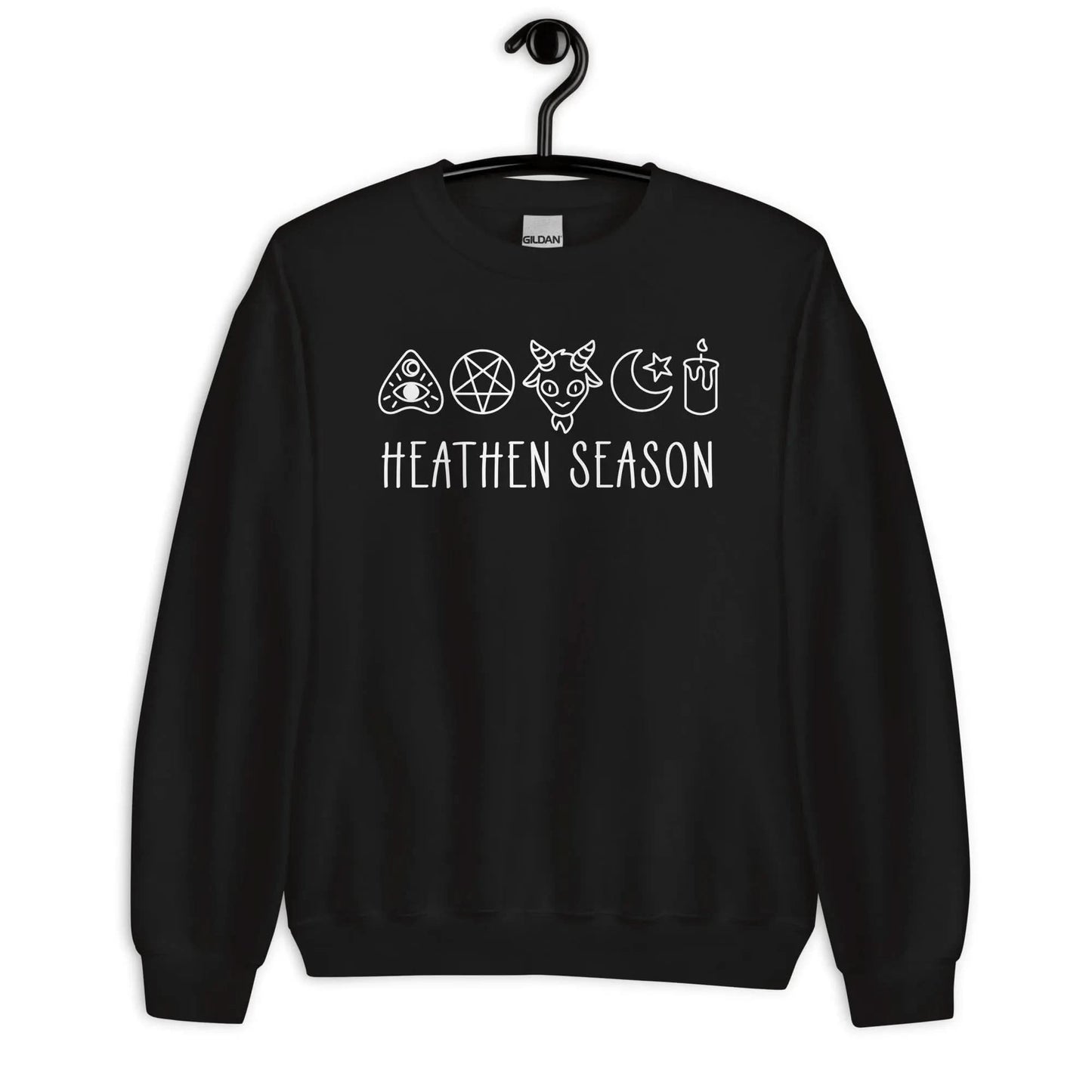 Heathen Season witchy spooky fall autumn graphic with a ouija board, pentacle, goat head, moon, star and candle on a black unisex crewneck sweatshirt, halloween vibes, spooky season, Rebel Girl Rampage