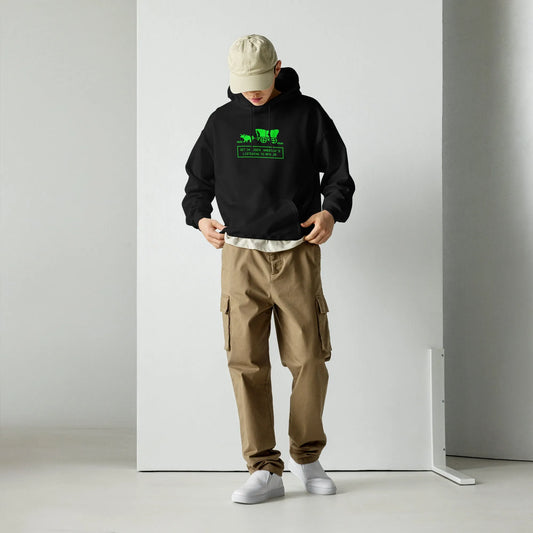 Bright green Oregon Trail graphic that says, "Get in Loser, America's Listening to RFK JR." on a black unisex hoodie, Political, Mean Girls, Rebel Girl Rampage.