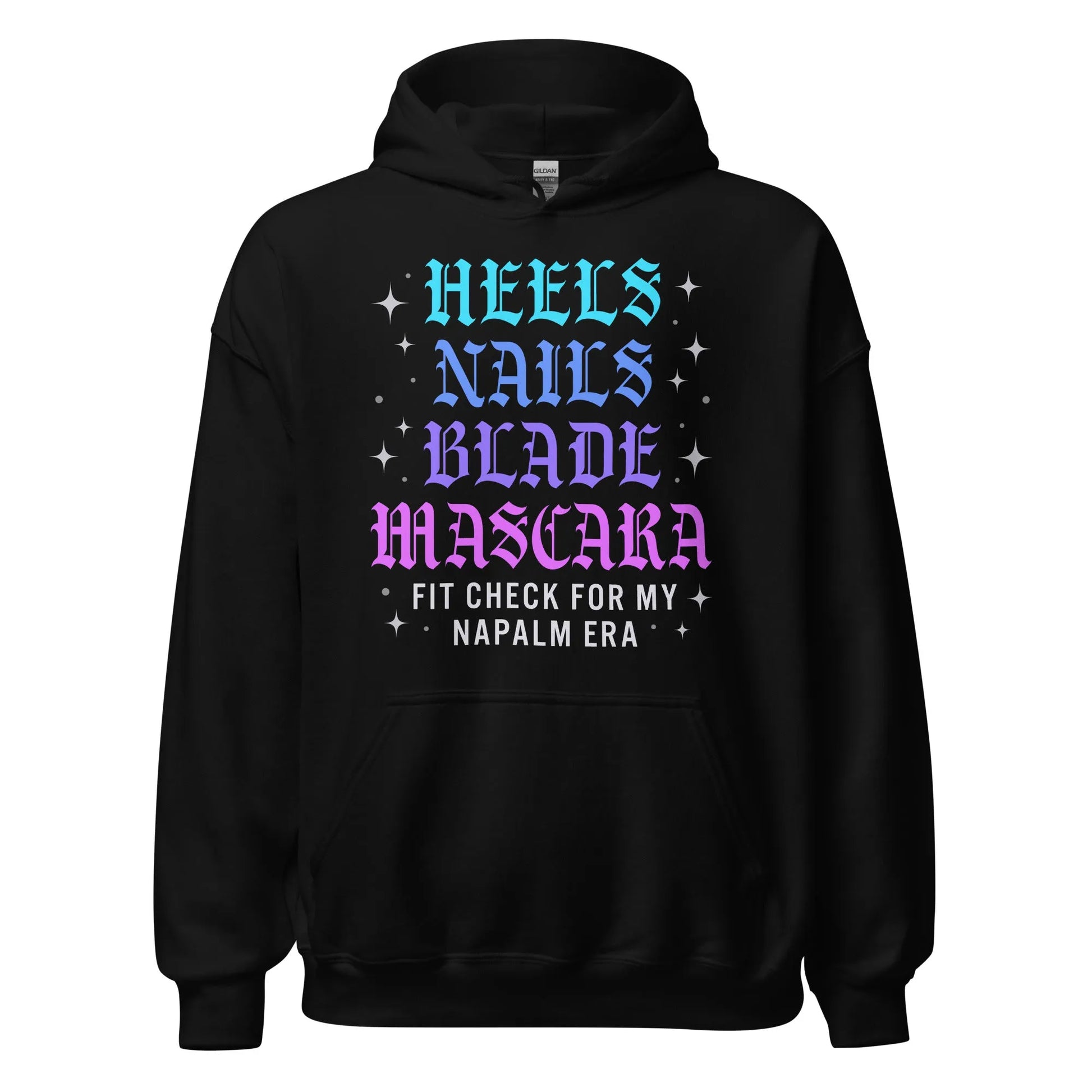 Heels, Nails, Blade, Mascara baddie fan girl sparkly Kpop blue purple and pink graphic on a black unisex hoodie, Rebel Girl Rampage, Demon Hunters