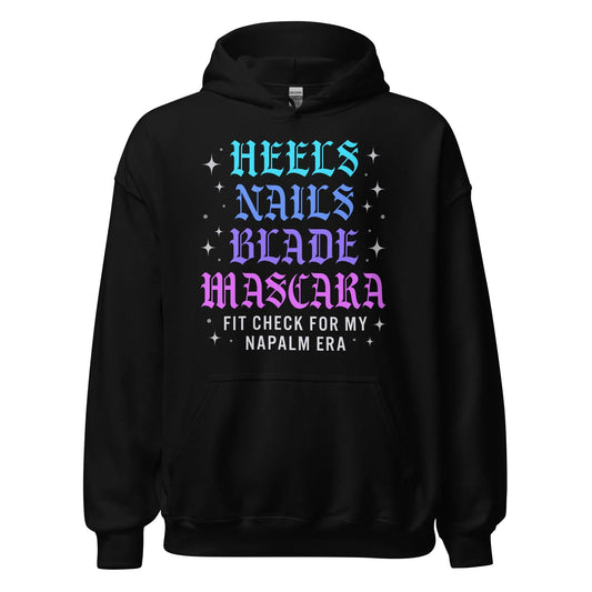 Heels, Nails, Blade, Mascara baddie fan girl sparkly Kpop blue purple and pink graphic on a black unisex hoodie, Rebel Girl Rampage, Demon Hunters