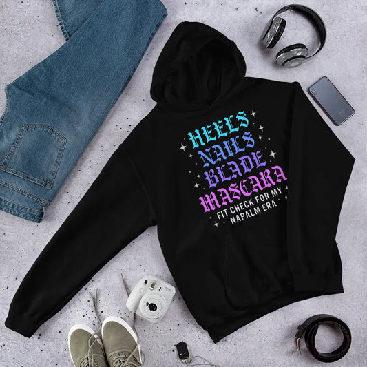 Heels, Nails, Blade, Mascara baddie fan girl sparkly Kpop blue purple and pink graphic on a black unisex hoodie, Rebel Girl Rampage, Demon Hunters