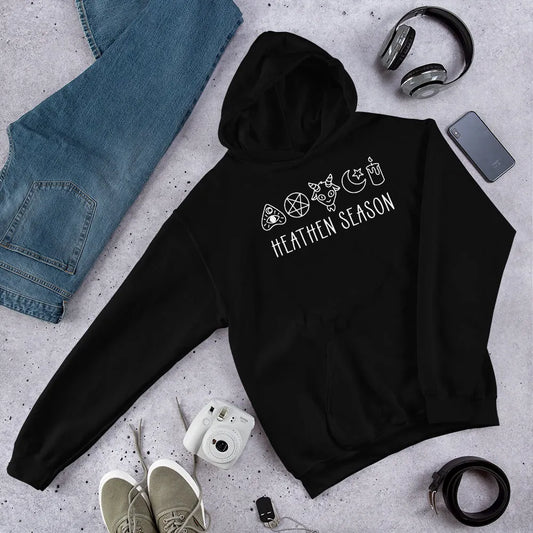 Heathen Season witchy spooky fall autumn graphic with a ouija board, pentacle, goat head, moon, star and candle on a black unisex hoodie, halloween vibes, spooky season, Rebel Girl Rampage
