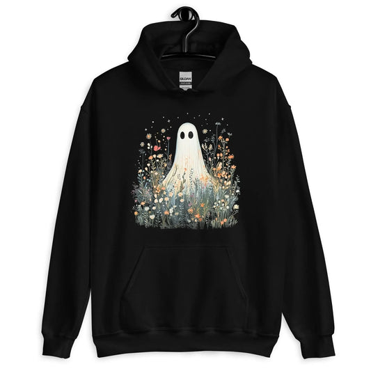 Cute ghost graphic in a field of flowers and foliage on a black unisex hoodie, spooky season, cute, Rebel Girl Rampage