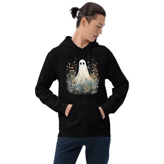 Cute ghost graphic in a field of flowers and foliage on a black unisex hoodie, spooky season, cute, Rebel Girl Rampage