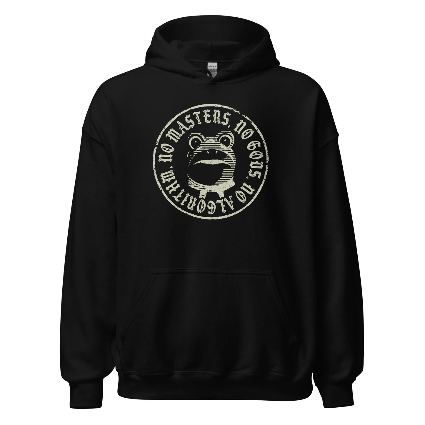 No Masters No Gods Frog unisex hoodie, Graphic of the portland antifa frog on a black hoodie, Anne Lesniak, Rebel Girl Rampage