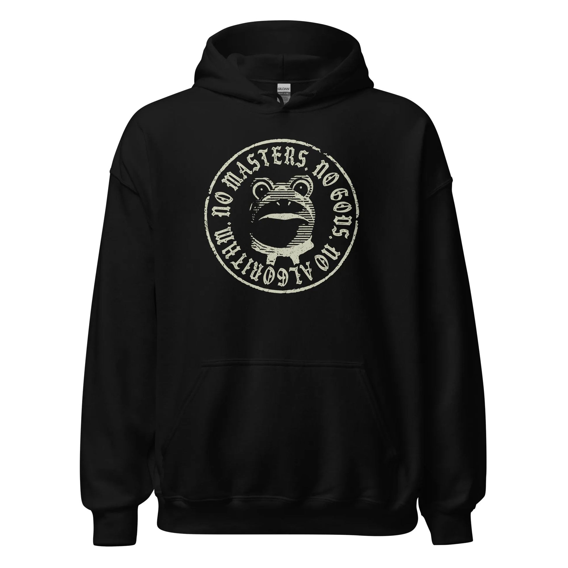 No Masters No Gods Frog unisex hoodie, Graphic of the portland antifa frog on a black hoodie, Anne Lesniak, Rebel Girl Rampage